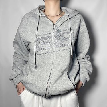 Women'S spring new hoodie round neck loose letter hot diamond zipper cardigan sweatshirt plus velvet_voghion.com