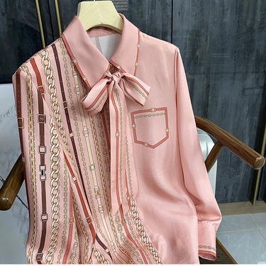 Autumn chain ribbon imitation silk shirt for women _voghion.com