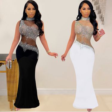 Women's Clothing Diamond Mesh Sleeveless Dress_voghion.com