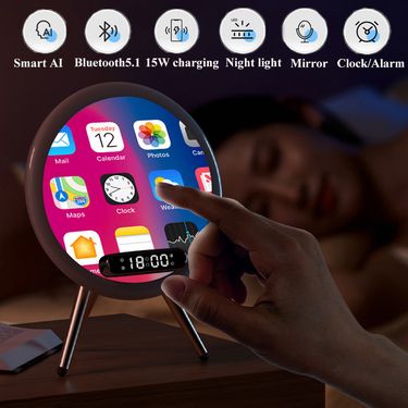 Smart Bluetooth Speaker Mirror Sound Box Desktop Alarm Clock With LED Night Light TF Music Player 15W Wireless Charger_voghion.com