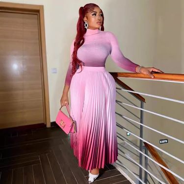 Women's Clothing Pleated Gradient Large Size Two Piece Suit Casual Round Neck Long Sleeved Top + Elegant Gradient Long Skirt_voghion.com