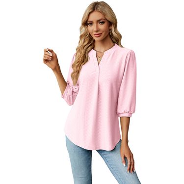 2024 Autumn And Winter New Solid Color V-Neck Jacquard Three-Quarter Sleeve Loose T-Shirt For Women_voghion.com
