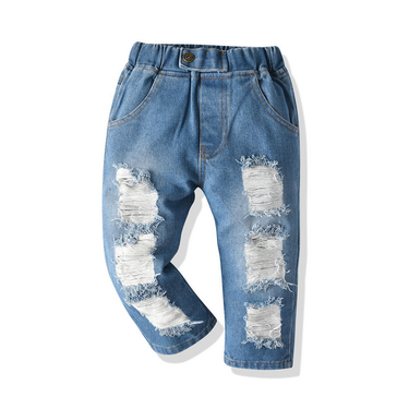 Children's Korean style European and American solid color trendy jeans boys' mid-waist elastic trousers small and medium-sized children's ripped pants_voghion.com
