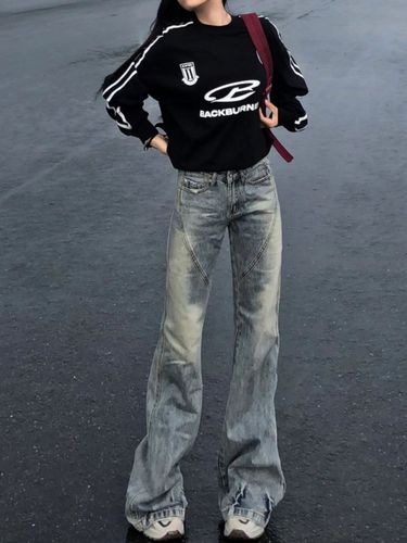 American Style Washed Vintage Low Waist Flared Jeans For Women, Unique Design, Slimming Straight Wide Leg, Floor-Length_voghion.com