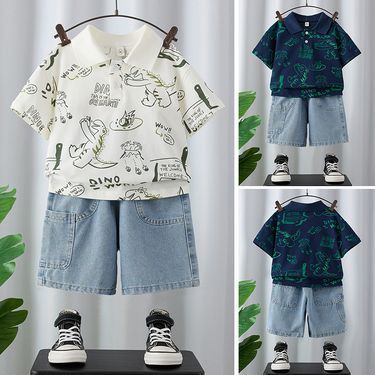 Mother & Kids Children's Summer New Suit Full Print POLO Shirt Denim Shorts Short Sleeved T Shirt Boy Baby Trendy Cotton Comfortable_voghion.com