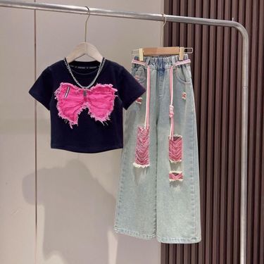 Mother & Kids Girls jeans summer suit 2024 new style middle and large children's fashionable ripped jeans children's stylish T summer clothes_voghion.com