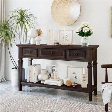 Classic Retro Style Console Table With Three Top Drawers And Open Style Bottom Shelf, Easy Assembly (Espresso)_voghion.com