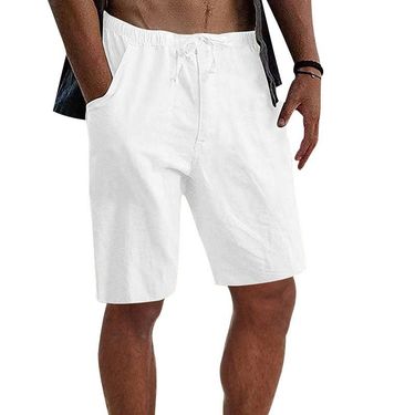 2024 Men's drawstring cotton linen casual shorts summer loose beach yoga straight leg pants_mkmklike.com