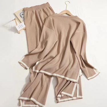 Women's casual temperament, contrasting color, slit long-sleeved sweater, high-waisted slimming wide-leg pants, two-piece suit_viptrois.com