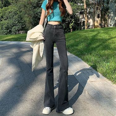 Micro flared denim bell bottom for women in early autumn, Hong Kong short stature, new style, high waist, slim fit, chic_voghion.com