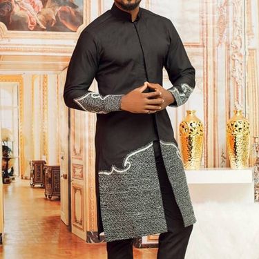 Men's moslem ethnic style black stand-up collar cotton ready stock plain slim casual spring and autumn shirt 864558_mkmklike.com