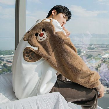 Men's Clothing Factory direct sales men's autumn and winter long sleeved lamb wool embroidery flocking cute little bear loose lazy style sweater men_mkmklike.com