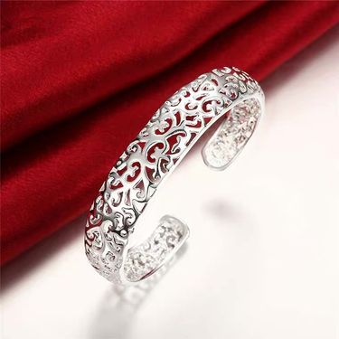 Open small edging hollow pattern for women with plain ethnic style plated pure silver bracelet_ipsvogv.com