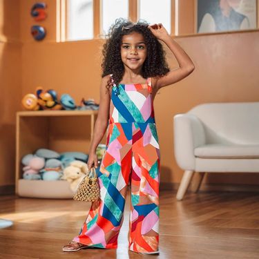 Mother & Kids INS Girls Geometric Pattern Printing Holiday Style Fashion Summer Thin Jumpsuit_voghion.com