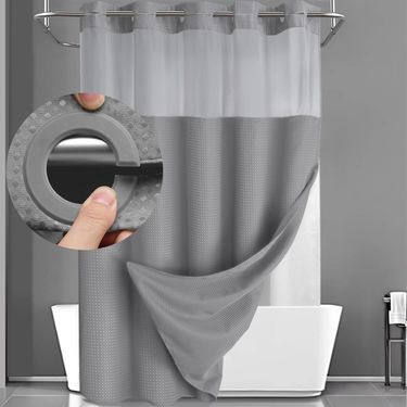 Home Furniture Hot Selling Hook Free Shower Curtain Set Double Layer (with Lining) Removable White Waffle Shower Curtain_voghion.com
