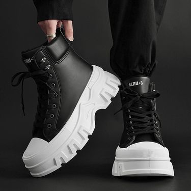 Men's Casual Sneakers With Thick Sole - PU Leather High-Top Unisex Shoes For Daily Wear (Black/White, Size 37-44)_voghion.com