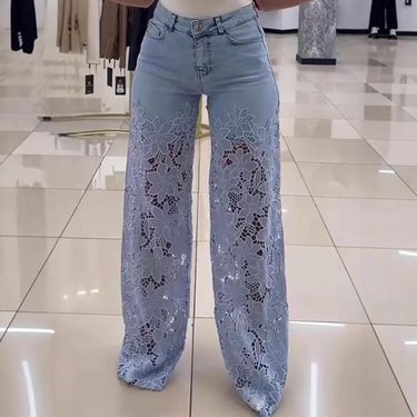 Women's Clothing New Women's Wide Leg Pants Trousers Lace Stitching Jeans Women_voghion.com