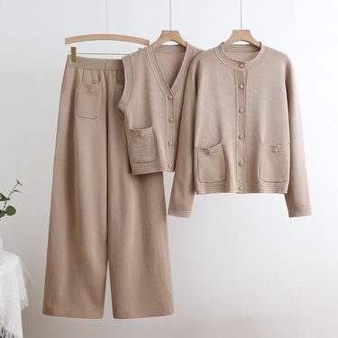 Women's Clothing Loose and versatile vest, wide leg pants, buttoned cardigan, three piece suit_voghion.com