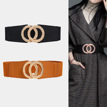 New Belt Double Loop European and American Simple Fashion Belt Black Elastic Elastic Waist Wide Belt Waist Sealing for Women_voghion.com