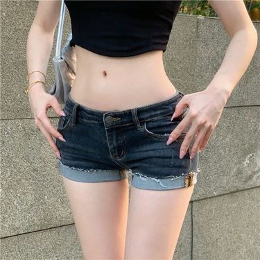 2025s American Style Spicy Girl Low Waist Denim Shorts For Women 2025 Spring Summer New Slim Fit Flared Elastic Hot Pants_voghion.com