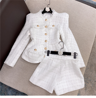 Women's white bright silk tweed jacket jacket shorts suit two-piece set_voghion.com