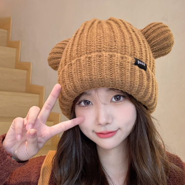 Cute Bear Ears Large Loose Knitted For Women Winter Face Slimming Thickened Warm Ear Protection Pullover Hat_voghion.com