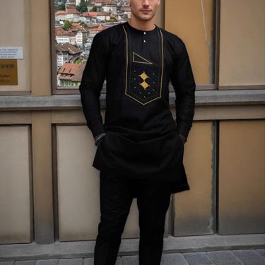 Muslim Ethnic Style Long Sleeve Embroidered 2-Piece Kaftan Men's Suit_voghion.com