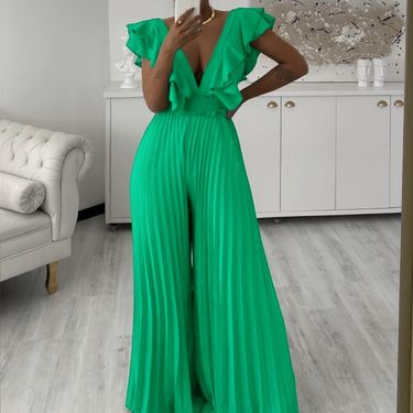 Women's new deep V-neck high waist sexy ruffled pleated wide-leg jumpsuit_voghion.com