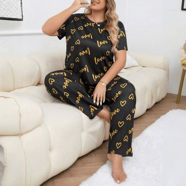 Large Size Loungewear Plus Fat Love Round Neck Short Sleeve Trousers Women's Pajama Set_voghion.com