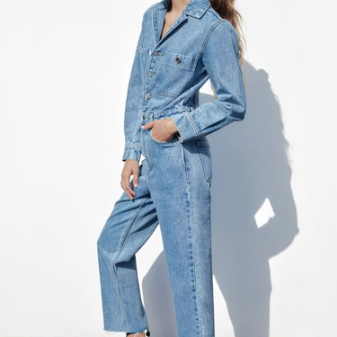 Women's long sleeve blue denim jumpsuit urban casual personality jumpsuit pants_viptrois.com
