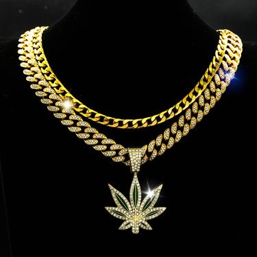 Hot Selling Fashion Hip Hop Long Stacking Maple Leaf Necklace Men And Women Street Personality Full Diamond Cuban Chain_voghion.com