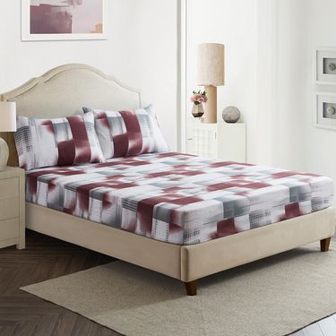 Red Grey White Geometric Checkered Fitted Sheet - 3D Digital Printed Polyester Bed Cover Modern Plaid Design With Deep Pocket Elastic Edges_voghion.com