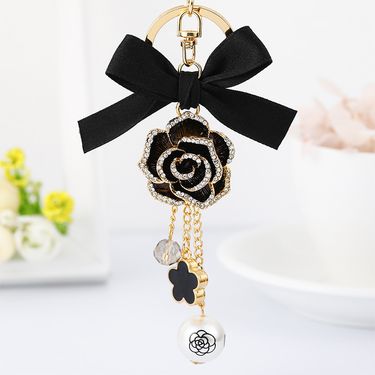 New Diyou Mountain Camellia with Five Leaf Grass Keychain Bow and Pearl Pendant Bag Chain_voghion.com