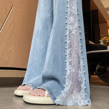 High Waist Women Jeans New Summer Thin Fashion Loose Hollow Out Wide Leg Pearl Lace Rayon Denim Pants_voghion.com