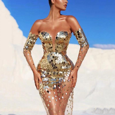 Women's Clothing Dress Sequined One-Shoulder Sexy Mesh Perspective Long Evening Dress_voghion.com