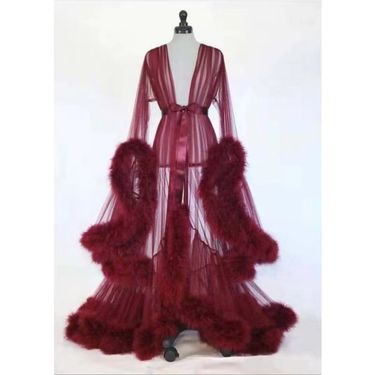 Women's Sleepwears Feather See Through Nightdress Sexy Lingerie Trumpet Sleeve Tail Long Skirt_voghion.com