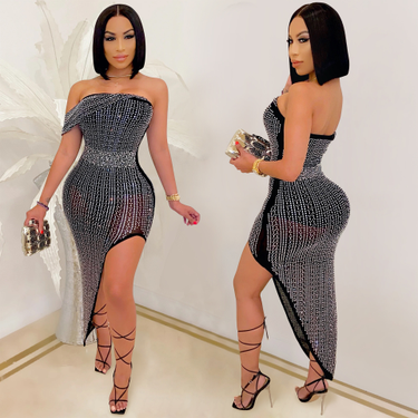 Women's evening dress hot diamond mesh gauze wrapped chest irregular women's dress_viptrois.com