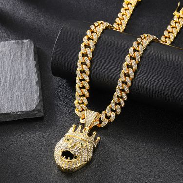 Men And Women's Jewelry Bold Lion Head Pendant Necklace With Crown Design, Cubic Zirconia Studded Alloy Chain, Statement Hip Hop Jewelry For Men Women_voghion.com