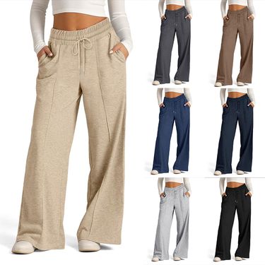 Women's Clothing drawstring solid color waist fashion wide leg casual trousers_voghion.com