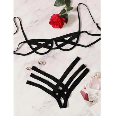 Bondage Harness Lingerie Set Womens Elastic Hollow Out Sets Black Cupless Cage Bra Thong Sexy Intimates Exotic Underwear_voghion.com