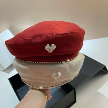 Autumn and winter brushed rhinestone beret for women, fashionable, sweet, anti-aging, pearl love artist hat, Korean_voghion.com