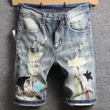 Teenage and guys young men Retro scraped patch trendy brand embroidered denim shorts men's slim trendy hole beggar shorts mid-length pants_voghion.com