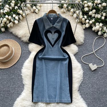 Women's Clothing Fashion Contrast Color Stitching Polo Collar Short Sleeve Denim Slim Mid Length Skirt_voghion.com