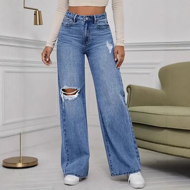 Women's Clothing Wide Leg Straight High Waisted Floor Length Pants Ripped Jeans_voghion.com