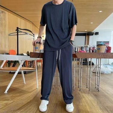 Summer Ice Silk Short sleeved Pants Set Men, Loose Large, Cool, High end Two piece Set, One set for Middle aged and_voghion.com