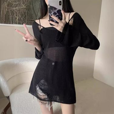 2024 summer new perforated design with slim fit and hollow out solid color sunscreen sleeved knitted shirt, medium to_voghion.com