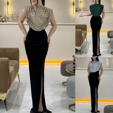 Vêtements pour femmes printemps et automne robe sans manches à paillettes robe de soirée décontractée fendue_voghion.com