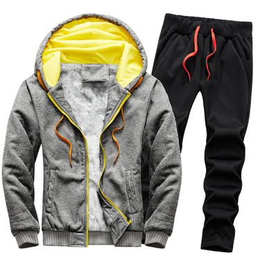 Winter Men's Thick And Fleece Warm Hoodie Set Solid Color Sportswear_voghion.com