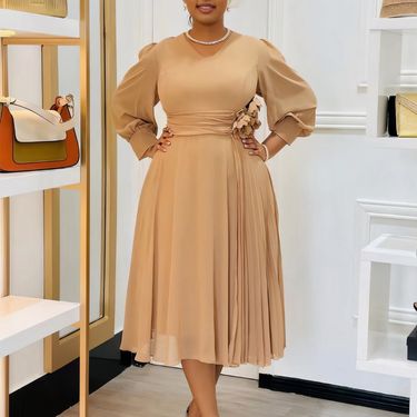 Women's Clothing Fashion Temperament Elegant Solid Color A Line Skirt Large Size Dress_voghion.com
