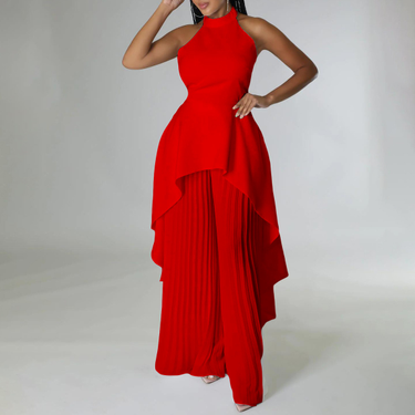 Women's Fashion Casual Suit Summer Ladies Private Clothes Halter Top Pleated Wide-leg Suits_voghion.com